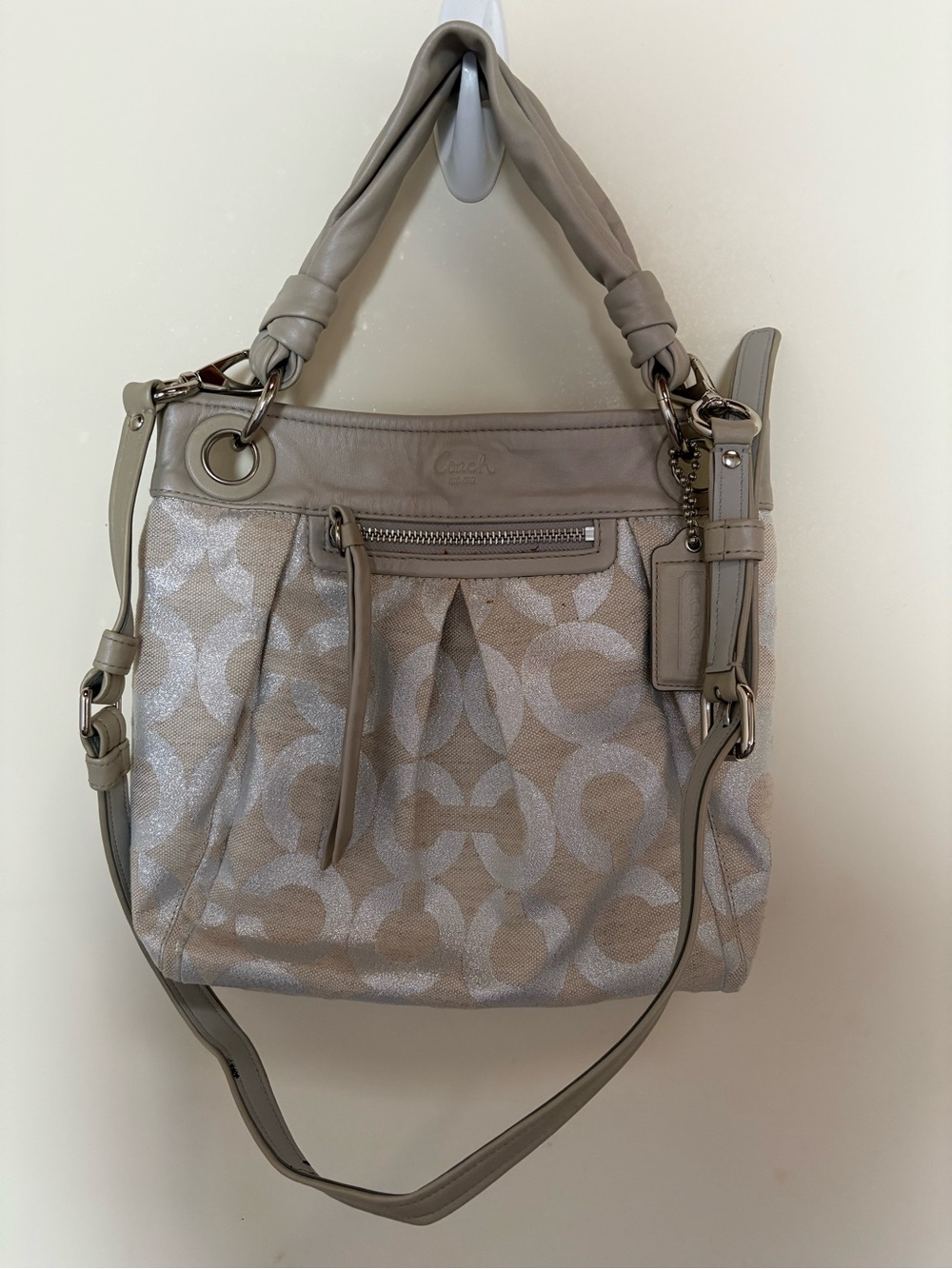 Coach Taupe Signature Canvas Shoulder Bag with Leather Trim